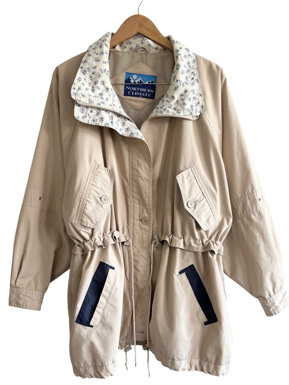 Vintage 90s Beige Anorak Utility Canvas Jacket Funnel Neck with Floral Accents